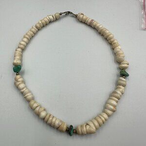 Vintage Puka Shell Necklace Turquoise Nugget Choker Surfer Unisex 13.5 Inch